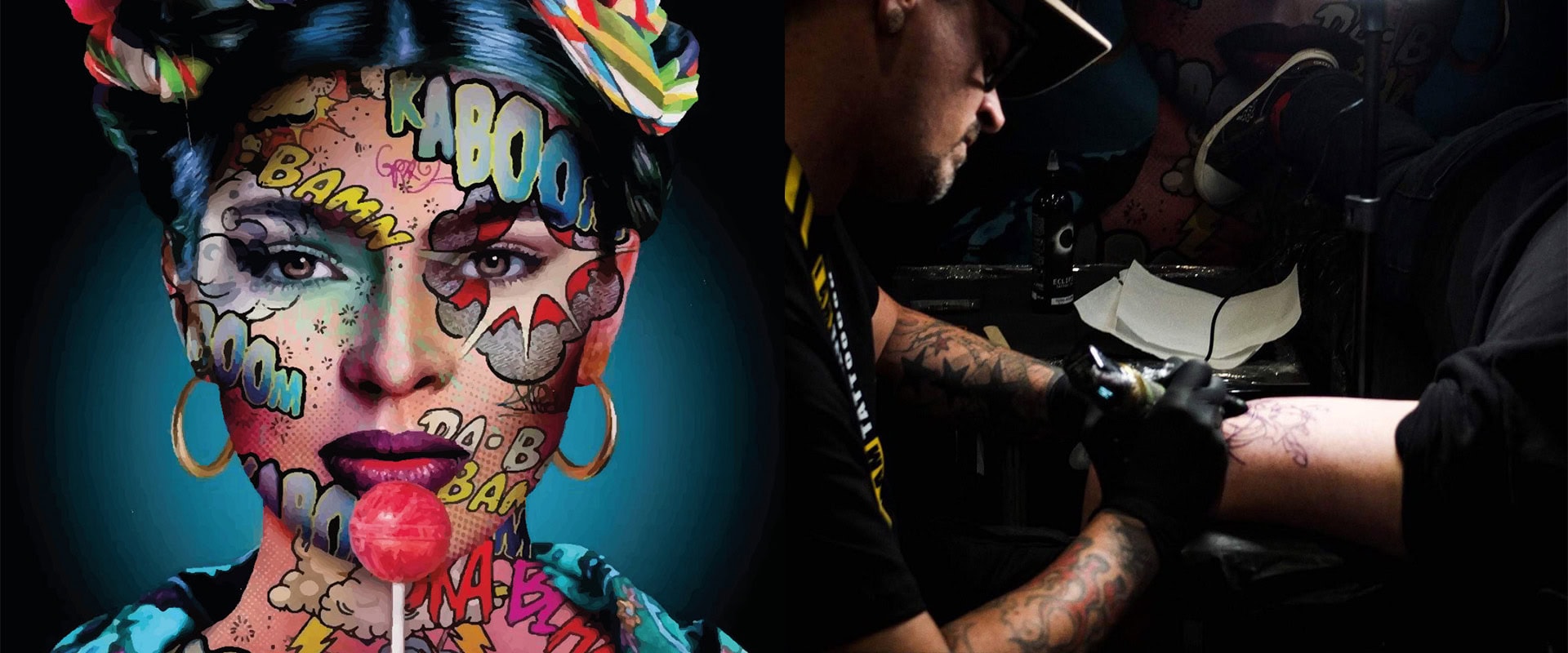 Collage aus Frauenkopf im Comic Style und Tommy dem Tattoo-Artist